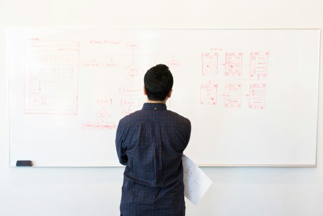 Marketer sketching a user journey on a whiteboard