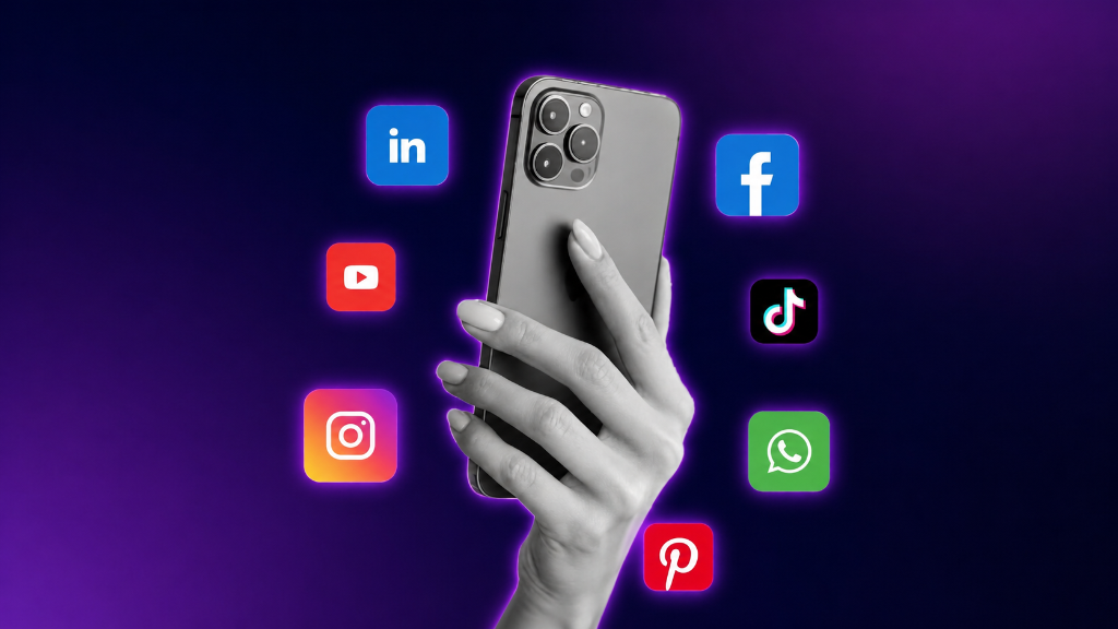 Hand holding phone surrounded by social media icons