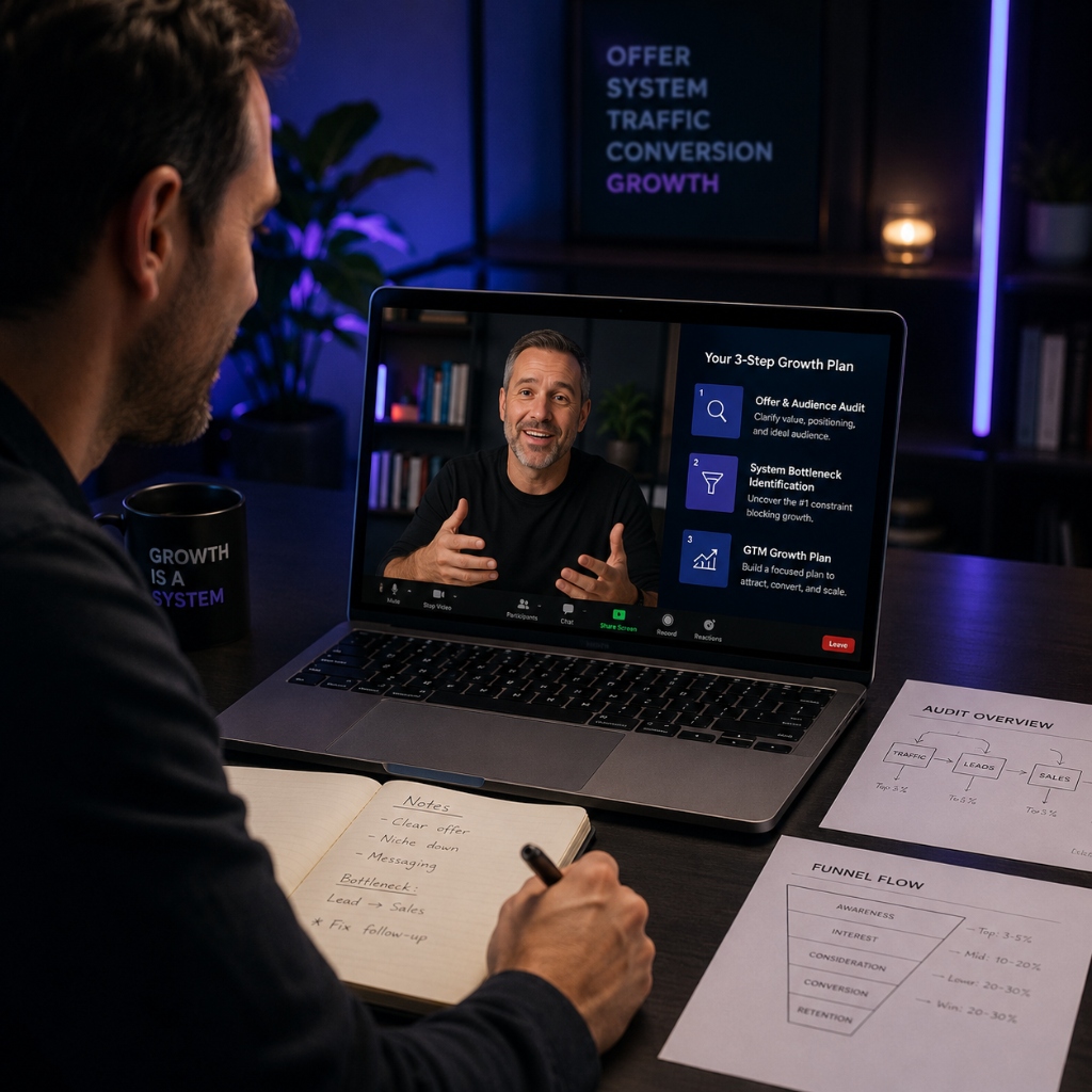 Growth strategist on a video call presenting a 3-step growth plan with notes and funnel flow documents on the desk